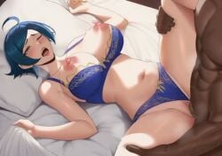 1boy 1boy1girl 1girls ai_generated animated bed big_breasts blue_hair bra breasts_out clothed clothed_female clothed_sex dark-skinned_male dark_skin deep_penetration elisabeth_blanctorche goonfighters hard_cock huge_breasts inside king_of_fighters light-skinned_female light_skin lingerie missionary missionary_position on_bed pale-skinned_female pale_skin panties panties_aside sex short_hair spread_legs tagme thick_thighs thigh_grab tits_out vaginal_penetration video