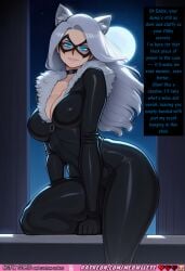 ai_generated ass_focus ass_shot back_view big_ass big_breasts black_bodysuit black_cat_(insomniac) black_cat_(marvel) black_cat_ears black_choker black_mask blue_eyes bodysuit breast_focus cat_ears choker cityscape cleavage comic comic_strip comics curvy dialogue domino_mask eddie_brock_reference felicia_hardy female female_only from_behind full_moon fur_collar fur_ears fur_trim huge_ass huge_breasts implied_symbiote implied_venom indoors insomniac_games kneeling_pose latex latex_bodysuit long_hair looking_at_viewer marvel marvel_comics marvel_rivals marvel_rivals_style mask moonlight night nipples_visible_through_clothing nsfw on_windowsill plump puffy_nipples seductive seductive_smile shiny_latex sitting skin_tight smile smirk solo speech_bubble spider_man_(series) supervillain teasing text thick_thighs venom_(marvel) very_long_hair villainess voluptuous white_fur_trim white_hair wide_hips window meowllete