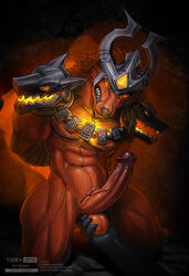 1boy abs arms_behind_back big_penis erection forced fully_retracted_foreskin holding_balls infernal_nasus kneeling league_of_legends looking_at_viewer male_only muscular muscular_male nasus navel pecs restrained riot_games serratus serratus_anterior solo_focus stiffy tagme todex v-line veiny_penis