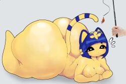 1boy 1girls animal_crossing ankha ankha_(animal_crossing) anthro barefoot blue_hair completely_nude completely_nude_female cottonwaffle feline female fishing full_body furry human hyper hyper_ass male naked naked_female nude nude_female on_stomach short_hair