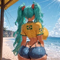 1girl ai_generated ass back beach black_panties blonde_hair blue_flower blue_shirt blue_skin breasts brown_shorts cloud colored_skin crop_top cutoffs denim denim_shorts earrings facing_away female female_only from_behind g-string green_hair hair_flower hair_ornament hatsune_miku highleg highleg_panties jewelry large_breasts long_hair necklace ocean outdoors panties panty_straps shirt short_shorts short_sleeves shorts side-tie_panties skindentation sky solo sunset thighs thong trinity_vermilion twintails underwear very_long_hair water watermark wavy_hair wet whale_tail