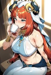 1girl ai_generated alternate_breast_size aqua_eyes armlet armpit_crease bangs bare_shoulders belly_button blue_eyes blue_gemstone blue_skirt blush bracer breasts brooch circlet clothing crop_top cup drinking fake_horns female gem genshin_impact gold_trim hand_up harem_outfit holding holding_cup horns indoors jewelry large_breasts long_hair low_twintails midriff mug navel neck_ring nilou_(genshin_impact) novart01 pants parted_bangs red_hair sidelocks sitting skirt solo steam stomach sweat teacup thighs twintails veil very_long_hair wet white_headwear white_veil