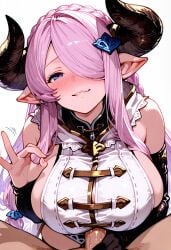 ai_generated biting_lip blush granblue_fantasy handjob handjob_gesture horns huge_breasts narmaya_(granblue_fantasy) teasing