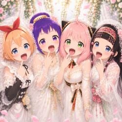 4girls ai_generated alluka_zoldyck anya_forger blue_eyes brown_hair chatgpt cute female female_only girls_only green_eyes hunter_x_hunter lipstick looking_at_viewer on_knees one_piece orange_hair otama_(one_piece) petra_leyte pink_hair purple_eyes purple_hair re:zero_kara_hajimeru_isekai_seikatsu small_breasts spy_x_family teasing teasing_viewer tongue tongue_out wedding_dress wedding_veil
