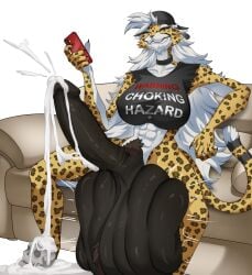 abirdeer 1futa alex_(itsnafulol) cheetah domestic_cat felid feline felis mammal abs anthro backwards_baseball_cap backwards_hat balls baseball_cap ballsack big_balls breasts big_breasts big_penis black_fur cellphone choker claws clothing ears_down feet fur yellow_fur white_fur white_hair pink_eyes tomboy multicolored_fur multicolored_body furniture genitals gynomorph hair hat huge_breasts huge_cock huge_balls futanari futa_only markings muscular muscular_anthro muscular_futa necklace penis pivoted_ears pubes shirt sitting smartphone sofa solo spots spotted_body spotted_fur spread_legs spreading table tank_top text_on_clothing topwear torn_clothing vein veiny_penis cock_vore vore prey predator/prey imminent_death imminent_digestion digestion testicles huge_testicles clenched_balls balls_clench balls_clenching digested digested_prey skull bone_disposal cum_digestion