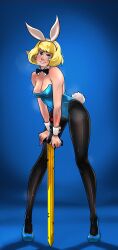 1girls saurusrequiem milf mother mature mature_female mature_woman blonde_hair hair fake_animal_ears bunny_ears wrist_cuffs armwear sword weapon pose posing bunny_tail fake_tail short_hair blue_eyes smile necktie neckwear medium_breasts breasts full_body high_heels heels footwear solo solo_female female female_only minerva_campbell adventure_time alternate_version_available bunnysuit blue_bunnysuit leggings legwear cleavage