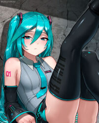 ass blush bored closed_mouth hatsune_miku knees_up leaning_against_wall leaning_back nihto on_ground pantyshot sitting thick_thighs vocaloid wide_hips