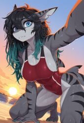 ai_generated hi_res anthro beach black_hair blue_eyes breasts colored_nails female grey_body grey_skin hair highlights_(coloring) lifeguard nails non-mammal_breasts sand sea seaside shake solo striped_body stripes sunset tail water