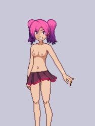 1girl breasts charlotte_(pokemon) charlotte_(pokemon_reborn) charlotte_belrose edit female_only gym_leader nipples nude nude_female pink_eyes pink_hair pixel_art pokemon pokemon_fangame pokemon_reborn skirt small_breasts twin_tails