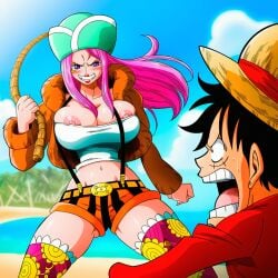 jewelry_bonney one_piece monkey_d_luffy monkey_d._luffy ai_generated big_breasts huge_breasts lipstick piercing pink_hair black_hair male male/female female hourglass_figure wide_hips visible_nipples pink_nipples thick_thighs legs minishorts smile scar scar_on_face straw_hat
