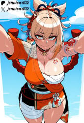 1girl ai_generated arm_tattoo armpits artist_name bandaged_leg bandages black_sash blonde_hair blue_sky blush breast_tattoo breasts chest_sarashi chest_tattoo choker cleavage closed_mouth clothing cloud collarbone day english_text eyeliner eyeshadow female flower_tattoo genshin_impact hadanugi_dousa hair_between_eyes hair_ornament japanese_clothes jennieart02 kimono large_breasts looking_at_viewer makeup obi orange_eyes orange_kimono patreon patreon_logo patreon_username ponytail pouch red_choker robe rope sarashi sash shimenawa single_bare_shoulder sky smile solo sweat tattoo thighs traditional_clothes twitter twitter_username vision_(genshin_impact) wafuku watermark web_address yellow_eyes yoimiya_(genshin_impact)
