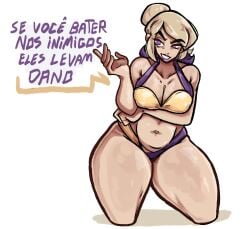 big_breasts bikini blonde_female blonde_hair burrifus gameoverse glitch_productions miss_information_(gameoverse) pear-shaped_figure pear_shaped pear_shaped_female portuguese_text thick_thighs thunder_thighs wide_hips