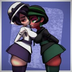 artist_name artist_request artist_signature skullgirls filia_(skullgirls) fukua_(skullgirls) 2girls yuri school_uniform schoolgirl large_breasts breasts miniskirt skirt thick_thighs thighs thighhighs ass red_eyes green_eyes green_hair black_hair lipstick light_skin light-skinned_female dark_skin dark-skinned_female makeup 3d tagme 2026