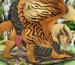 4_horns animal_genitalia anus ass_up beard bedroom_eyes blue_eyes bodily_fluids brown_pawpads butt chubchow claws digitigrade dragon dripping erection facial_hair facial_scar feral genital_fluids genital_slit genitals hi_res horn internal_testicles inviting_to_sex inviting_viewer knot knotted_penis licking licking_lips looking_at_viewer looking_back looking_back_at_viewer male mane maned_dragon membrane_(anatomy) membranous_wings multi_horn mythological_creature mythological_scalie mythology narrowed_eyes orange_body outside pawpads penis pink_anus pond precum precum_drip presenting presenting_anus presenting_hindquarters presenting_penis pupils raised_tail scales scalie scar seductive seductive_mouth sharp_teeth slit_pupils solo striped_body stripes tail teeth toe_claws tongue tongue_out ventral_scales waterfall winged_dragon wings