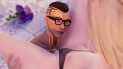 3d 3d_(artwork) 3d_render blender korra_amari 1girl 1boy valorant chamber_(valorant) flowers glasses blonde_hair blonde_female spread_legs black_panties breasts nipples earring between_legs oc original_character