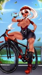 minneapolis_(azur_lane) tan_skin tan_body tattoos cycling biker_clothes bike_shorts cleats high_heels lake muscular thick_thighs medium_breasts white_hair azur_lane nenerhea outdoors wet cameltoe revealing_breasts exposed_breasts thirsty