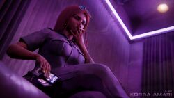 3d 3d_(artwork) 3d_render blender korra_amari 1girl oc original_character police police_uniform policewoman police_officer police_badge sunglasses nightclub indoors cigarette cigarette_smoke smoking smoking_cigarette earrings nose_piercing brown_hair dark_skin dark-skinned_female sfw looking_at_viewer