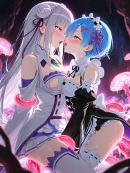 2girls ai_generated breasts cleavage clothed_sex emilia_(re:zero) implied_tentacle_sex lesbian lesbian_kiss lesbian_sex re:zero_kara_hajimeru_isekai_seikatsu rem_(re:zero) ripped_clothing slombert tagme tentacle tentacle_in_pussy tentacle_sex tentacles