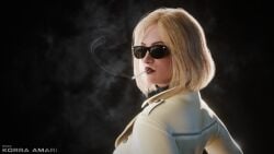3d 3d_(artwork) 3d_render blender korra_amari 1girl smoking cigarette smoking_cigarette cigarette_smoke cigarette_in_mouth sunglasses blonde_hair blonde_female coat dark_background birthmark white_skin sfw oc original_character