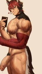 male male_only bara muscles muscular zenless_zone_zero komano_manato animal_ears tail animal_tail dog_ears dog_tail dogboy dog_boy scar penis balls solo solo_male tfireuwulf nude flaccid sweat sweating phone flexing