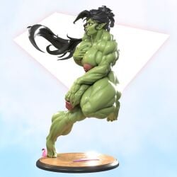 1futa 3d abs big_breasts black_hair covering covering_breasts covering_crotch futanari gorakna green_skin huge_balls huge_breasts huge_cock lgf_3d muscular muscular_futa naked nipples nude orc orc_futa side_view veiny_penis wardrobe_malfunction