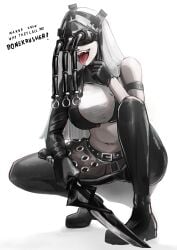 arknights:_endfield white_hair tongue_out 1girls black_pants crop_top holding_weapon full_body simple_background white_background midriff knife enemies enemy saliva squatting solo solo_female tank_top pale_skin pale-skinned_female ofallx bonekrusher_infiltrator_(arknights) english_text english dialogue