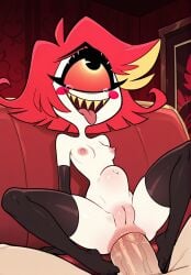 niffty_(hazbin_hotel) hazbin_hotel rolling_eyes cute wholesome anal anus_grip gripping_ass stomach_bulge orgasm pussy stockings on_sofa feet small_body petite ai_generated aicrotor