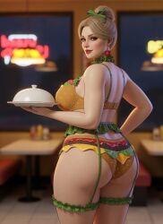 1girls 3d ai_assisted ai_generated ass backboob beige_hair belly_button blonde_female brown_eyes burger_lingerie checkered_floor choker chubby_female cleavage earrings eyelashes fast_food fast_food_employee fast_food_restaurant fast_food_uniform female garter_belt garter_straps gemini grok hair_bun hair_ribbon hand_on_hip holding_food holding_plate holding_platter large_ass large_breasts light-skinned_female lipstick looking_back_at_viewer mature_female midriff neon_sign one_hand_on_hip realistic rear_view restaurant rgomez007 self_upload side_view sideboob slight_smile solo_female sphere_earrings standing thick_eyelashes thick_lips thick_thighs thigh_strap tied_hair updo wide_hips