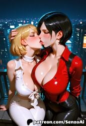 2girls ada_wong age_difference ai_generated ashley_graham big_breasts black_hair black_pants blonde_female blonde_hair blush breasts city cleavage duo female female/female female_only french_kiss hand_on_head hi_res huge_breasts kiss lesbian night outdoors red_shirt resident_evil resident_evil_4 rooftop senzoai shiny_skin short_hair tagme tied_shirt white_pants white_shirt yuri