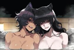 2girls mother_and_daughter rwby ai_generated kizirugai kali_belladonna blake_belladonna tan_skin creepy cat_ears black_hair onsen looking_at_viewer leaning shaded_face rape_face large_breasts tagme female_only