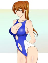 1girls big_breasts blue_swimsuit breasts brown_eyes brown_hair cleavage cleavage_cutout dead_or_alive female kagemusha kasumi_(doa) large_breasts long_hair one-piece_swimsuit swimsuit