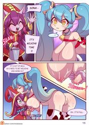 ! ... 2girls 5_panel_comic blue_hair breasts comic female hairless_pussy hanging_breasts league_of_legends long_hair lulu_the_fae_sorceress multiple_girls page_15 page_number purple_hair pussy riot_games sona_buvelle strongbana yordle
