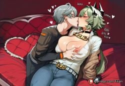 tillian ai_generated zenless_zone_zero caesar_king wise_(zenless_zone_zero) 1girl kiss breasts 1boy nipples pants hetero french_kiss closed_eyes shirt large_breasts patreon_logo heart green_hair grabbing denim grey_hair grabbing_anothers_breast long_hair belt