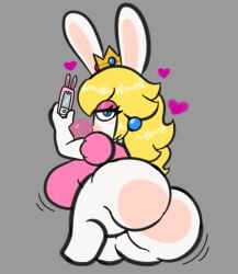 1girls 2026 animal_ears anthro ass ass_bigger_than_head back_view bangs big_ass big_breasts blonde_hair blowing_bubblegum blue_earrings blue_eyes blush blush_stickers blushing bottomless breasts bubble bubble_ass bubble_butt bubble_gum busty clothing crown earrings eyelashes eyeshadow female female_only from_behind ftrashpickle full_body fuzzycapsule08 grey_background half-closed_eyes heart hearts hearts_around_head holding_object holding_phone huge_ass huge_breasts lagomorph large_ass large_breasts long_hair looking_at_viewer looking_back makeup mammal mammal_humanoid mario_(series) mario_+_rabbids markings massive_breasts motion_lines narrowed_eyes nintendo no_panties partially_clothed phone pink_eyeshadow pink_shirt pink_topwear rabbid rabbid_peach rabbit rabbit_ears rabbit_girl rabbit_humanoid raving_rabbids rayman_(series) shiny_hair shirt shortstack solo solo_female super_mario_bros. thick_ass thick_thighs thighs topwear topwear_only ubisoft white_body white_fur white_skin