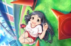 10s 1girls :o annindoufu_(oicon) black_hair blush breasts brown_eyes buruma bush day double_vertical_stripe dutch_angle entangled female_focus full_body grass grey_hair gym_uniform hair_ornament idolmaster idolmaster_cinderella_girls idolmaster_cinderella_girls_starlight_stage jpeg_artifacts jump_rope knees_up large_breasts long_hair looking_at_viewer lying midriff name_tag nature navel official_art ohnuma_kurumi on_back on_ground open_mouth outdoors pink_socks plant playing_sports purple_eyes raised_eyebrows running_track saliva shirt shoes short_eyebrows short_sleeves shy sky sneakers socks solo striped_clothes striped_socks tears thigh_gap track_and_field traffic_cone vertical-striped_clothes vertical-striped_socks wavy_mouth