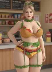 1girls 3d ai_assisted ai_generated beige_hair belly_button blonde_female brown_eyes burger burger_lingerie choker chubby_female cleavage earrings eyelashes fast_food fast_food_employee fast_food_restaurant fast_food_uniform female garter_belt garter_straps gemini grey_eyes grok hair_ribbon hand_on_hip large_breasts light-skinned_female lipstick looking_at_viewer mature_female midriff one_hand_on_hip realistic rgomez007 self_upload slight_smile solo_female sphere_earrings standing thick_eyelashes thick_lips thick_thighs thigh_strap tied_hair underboob updo wide_hips