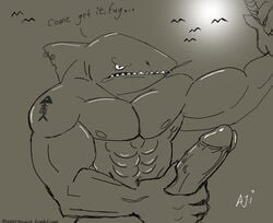 abs aji_arts balls biceps dialogue fish humanoid_penis male male_only marine muscular penis piercing shark talking_to_viewer yaoi