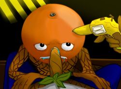 stickly orange_roulette gay 2boys male male_only anthro orange fruit fruit_humanoid food food_creature food_humanoid protagonist_orange_(orange_roulette) penis cock dick newgrounds flash_game accurate_art_style 5_fingers gun gun_to_head banana_gun clothing clothed blue_pants shirt white_shirt pants_down drooling drool black_eyes pubic_hair leaf leaf_pubes leaf_pubic_hair nude nude_male clothed_male pants