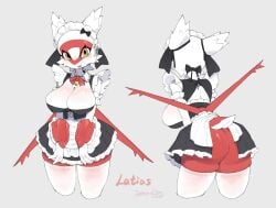 1girls female female_only solo looking_at_viewer smiling smiling_at_viewer thighhighs white_thighhighs maid maid_headdress maid_uniform fuli_jeffery nintendo pokemon generation_3_pokemon latias legendary_pokemon pokemon_(species) 2026 absurd_res artist_name digital_drawing_(artwork) digital_media_(artwork) hi_res portrait three-quarter_portrait anthro anthrofied bell big_breasts biped black_clothing breasts butt cleavage clothed clothed_anthro clothed_female clothing eyelashes facial_tuft female_anthro fingers glistening glistening_eyes grey_background legwear multicolored_body multicolored_clothing multiple_angles open_mouth open_smile pokemorph pupils red_body red_wings short_tail simple_background skin_fang smile standing tail text thick_thighs thigh_highs tuft two_tone_body two_tone_clothing uniform white_body white_clothing white_legwear white_sclera white_thigh_highs wings yellow_eyes