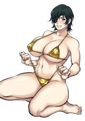 keiiii chainsaw_man himeno_(chainsaw_man) golden_week golden_bikini pulling_panties thick_thighs wide_hips curvy curvy_figure busty busty_female big_breasts huge_breasts nipple_bulge smug_face green_hair eyepatch short_hair feet kneeling sexy_pose midriff belly belly_button muscular_abdomen big_thighs juicy_lips