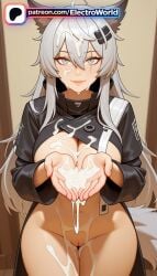 1boy 1girl 1girls 2026 ai_generated animal_ears arknights artist_name boobs breasts bukkake bust chest cum cum_on_body cum_on_breasts cum_on_clothes cum_on_hair cumdrip electroworld facial grey_eyes hetero hi_res high_quality high_resolution highres jacket lappland_(arknights) long_hair patreon patreon_username scar silver_hair smile stable_diffusion tits watermark