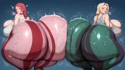 2girls ai_generated booty_focus deviantart hyper_ass kushina_uzumaki large_breasts light-skinned_female missmtf tight_clothing tight_pants tsunade_(naruto) watermark