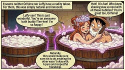 ai_generated bathroom bleach comic crossover deviantart female inoue_orihime luffy male male/female monkey_d_luffy one_piece smile straw_hat text