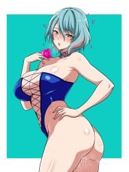 1girl aqua_hair ass bare_shoulders blue_leotard blush breasts cleavage condom condom_wrapper cross-laced_clothes dead_or_alive dead_or_alive_xtreme female female_only green_eyes highleg highleg_leotard highres large_breasts leotard looking_at_viewer navel pussy_juice short_hair solo tamaki_(doa) tawashi1623 thighs