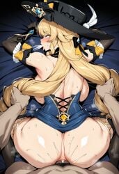 1boy 1girl ahegao ai_generated all_fours anal ass back backboob bare_shoulders black_bow black_gloves black_headwear black_thighhighs blonde_hair blue_dress blue_eyes blush bow breasts clothing detached_sleeves doggystyle dress drill_hair drill_sidelocks elbow_gloves female gem genshin_impact gloves grabbing_another's_hair hair_bow hat hat_feather headwear hetero huge_ass large_breasts legwear long_hair male male_pubic_hair mosaic_censoring navia_(genshin_impact) novart01 open_mouth penis pov_crotch pov_hands pubic_hair rolling_eyes rough_sex sex sex_from_behind sidelocks snot solo_focus sweat thighhighs thighs tongue tongue_out vaginal very_long_hair vision_(genshin_impact)