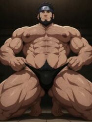 ai_generated armpit_hair bara beard black_hair black_pubic_hair gay hairy_armpits hairy_male jockstrap muscular muscular_male naruto_(series) pubic_hair sarutobi_asuma solo solo_focus solo_male
