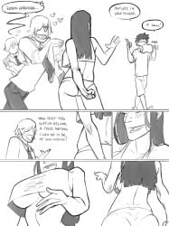1girls 2boys ass big_breasts black_and_white busty comic curvy curvy_body curvy_female doujinshi luffy monkey_d_luffy nico_robin sanji smile