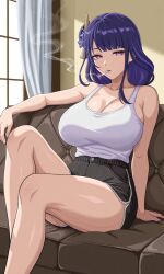 1girls ai_generated cigarette curvy curvy_body curvy_female curvy_figure female female_only genshin_impact hoyoverse mature_female mihoyo raiden_shogun shao145 shorts sitting smoke smoking sofa solo solo_female tank_top