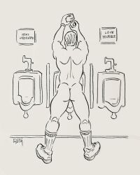 ass eric_lesh gay male male_only monochrome original peeing peeing_in_urinal tagme traditional_media urinal