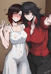 2girls after_sex age_difference ai_generated blush breast_press female female_only femdom hand_on_another's_shoulder kizirugai large_breasts milf no_bra no_panties peace_sign pussy_juice_stain raven_branwen ruby_rose rwby selfie small_breasts smirk sweat tagme teenager wet_pussy yuri